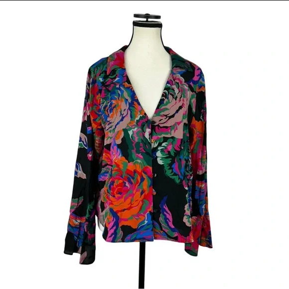 Zara Women’s L Bold Floral Print Long Sleeve Blouse 100% Viscose Artsy Boho Top - Picture 2 of 10